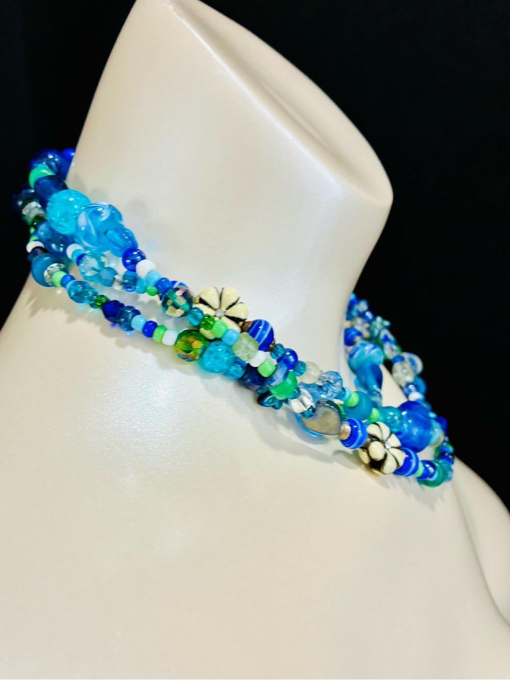 Handmade Blue & Green Beaded Necklace with Floral Accents - Picture 10 of 15